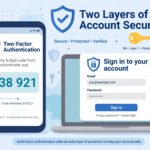 A smartphone showing a two-factor authentication code next to a laptop sign-in screen, with shield and key icons representing two layers of account security.