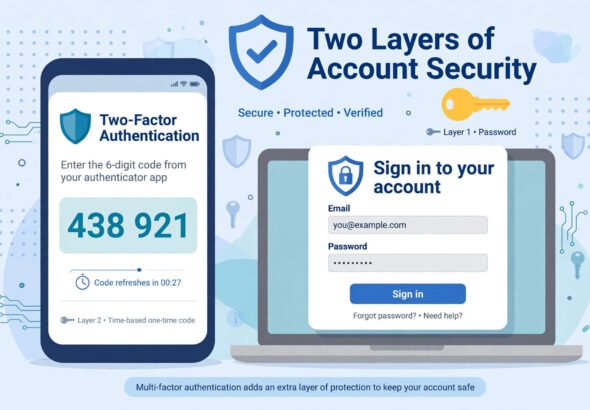 A smartphone showing a two-factor authentication code next to a laptop sign-in screen, with shield and key icons representing two layers of account security.