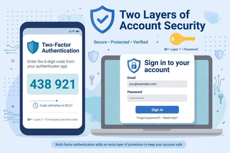 A smartphone showing a two-factor authentication code next to a laptop sign-in screen, with shield and key icons representing two layers of account security.