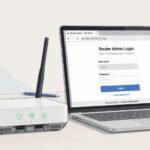 A home wifi router with a laptop showing the 192.168.0.1 router admin login page in a web browser