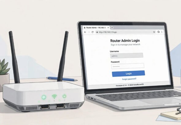A home wifi router with a laptop showing the 192.168.0.1 router admin login page in a web browser