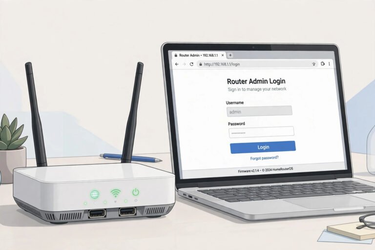A home wifi router with a laptop showing the 192.168.0.1 router admin login page in a web browser