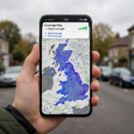 A smartphone showing a mobile coverage map with a signal strength indicator, held up against a UK street scene.