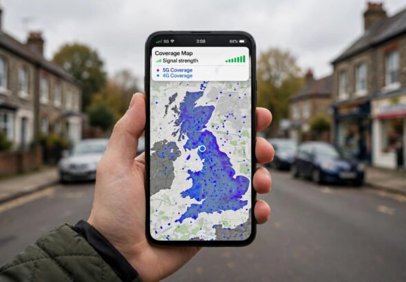 A smartphone showing a mobile coverage map with a signal strength indicator, held up against a UK street scene.