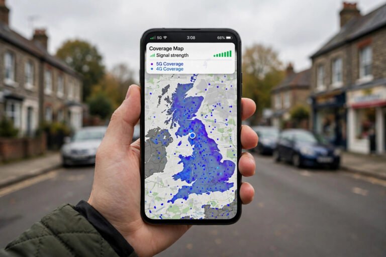 A smartphone showing a mobile coverage map with a signal strength indicator, held up against a UK street scene.