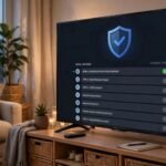 An Amazon Fire TV Stick plugged into a television with a VPN app open on screen, showing a shield icon and a list of server locations.