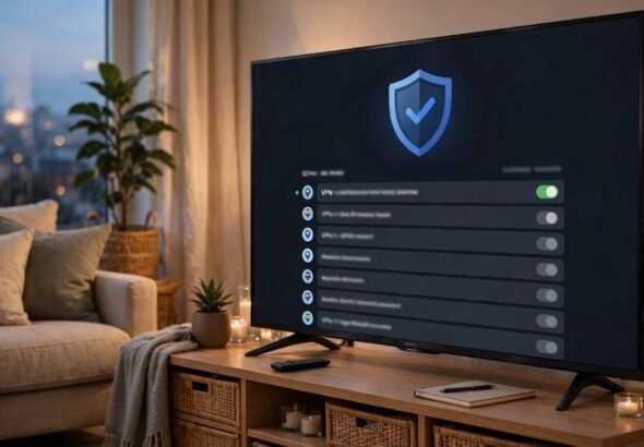 An Amazon Fire TV Stick plugged into a television with a VPN app open on screen, showing a shield icon and a list of server locations.