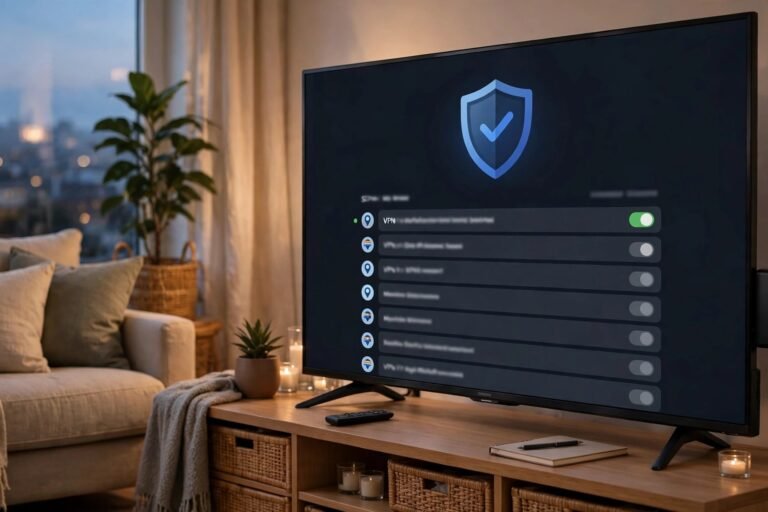 An Amazon Fire TV Stick plugged into a television with a VPN app open on screen, showing a shield icon and a list of server locations.