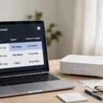 A laptop showing a broadband comparison table with prices, speeds and contract lengths, beside a home wifi router.