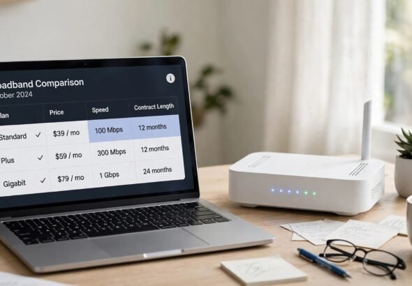 A laptop showing a broadband comparison table with prices, speeds and contract lengths, beside a home wifi router.