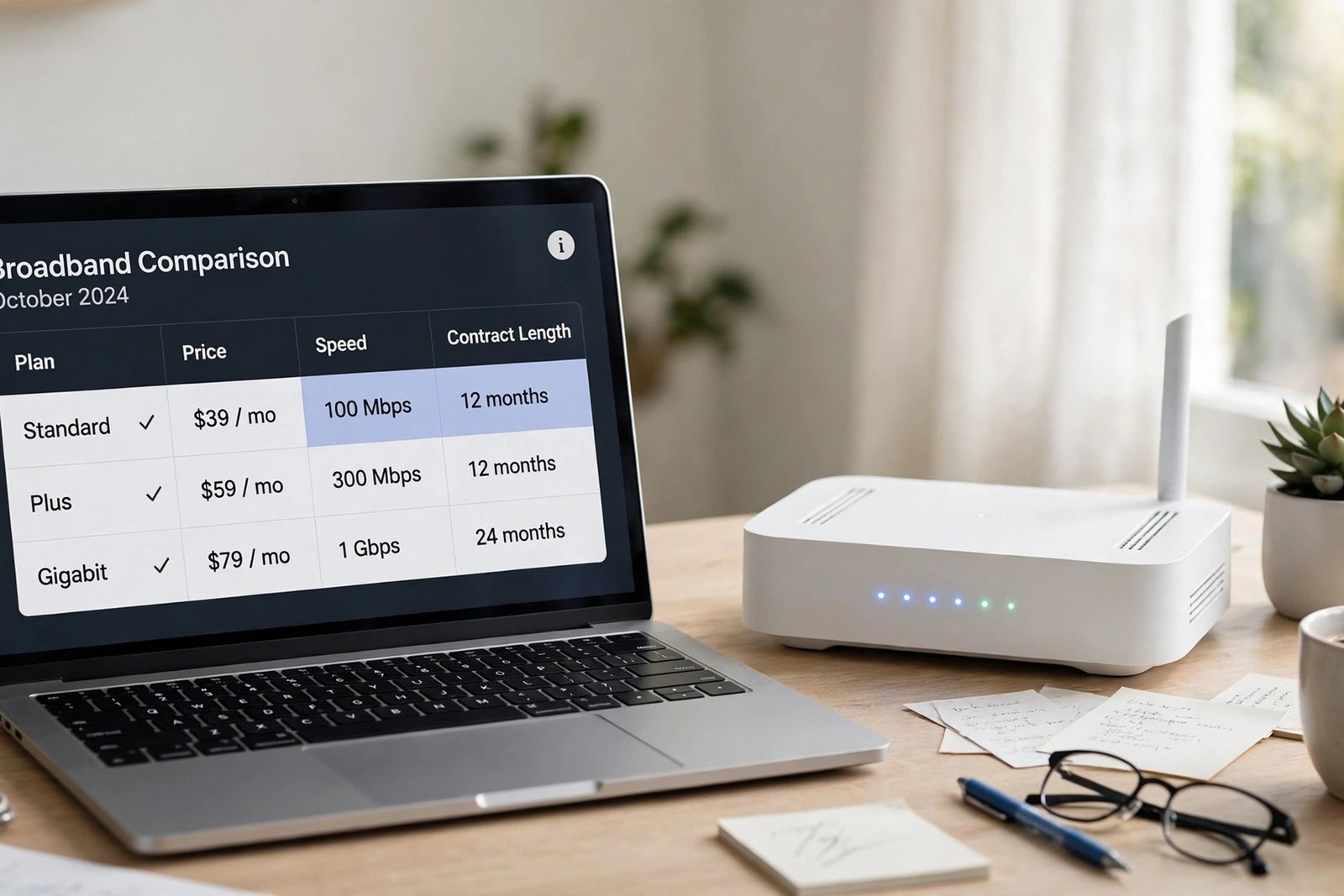 A laptop showing a broadband comparison table with prices, speeds and contract lengths, beside a home wifi router.