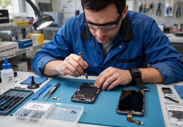 A technician repairing a smartphone on a clean workbench, with tools and a replacement screen laid out beside the phone.
