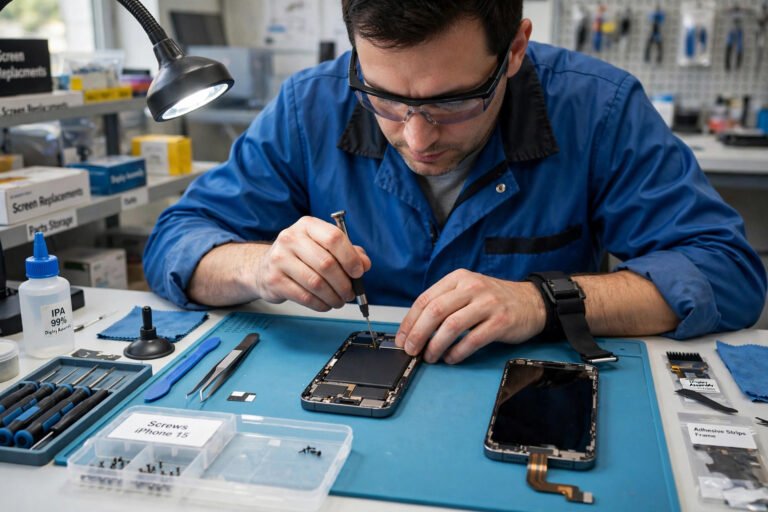 A technician repairing a smartphone on a clean workbench, with tools and a replacement screen laid out beside the phone.