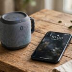 A portable Bluetooth speaker on a wooden table beside a phone, with a garden and a living room setting suggested in the background.