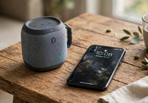A portable Bluetooth speaker on a wooden table beside a phone, with a garden and a living room setting suggested in the background.