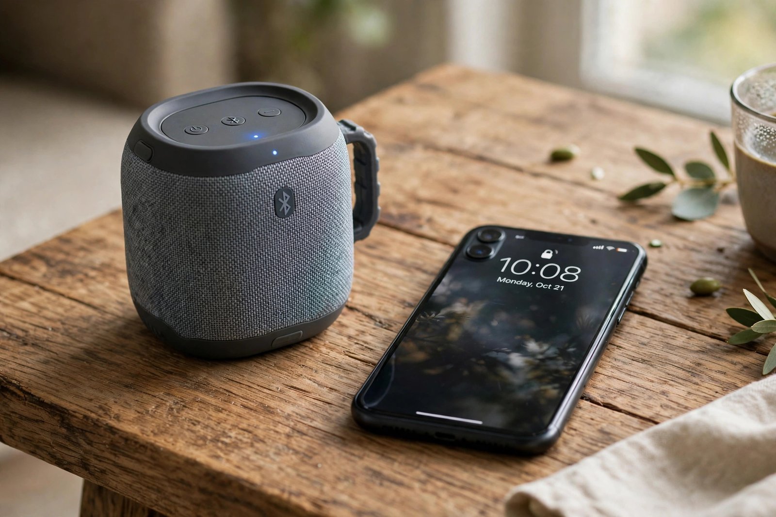 A portable Bluetooth speaker on a wooden table beside a phone, with a garden and a living room setting suggested in the background.