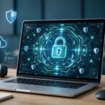 A digital password vault on a laptop screen protecting login details for several online accounts with a strong master password.