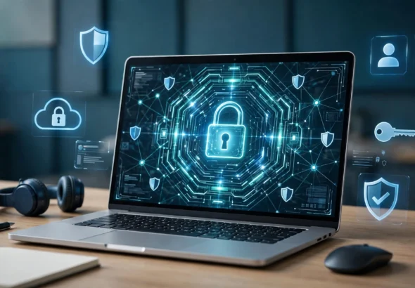 A digital password vault on a laptop screen protecting login details for several online accounts with a strong master password.