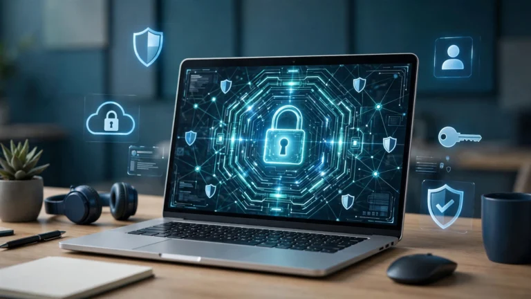 A digital password vault on a laptop screen protecting login details for several online accounts with a strong master password.